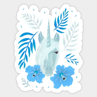 Unicorn and Hibiscus Flowers and Tropical Teaves Sticker